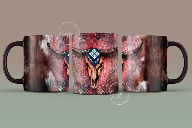 Western Aztec Cow Skull Mug Design, Cow Hide Skull Western Design, Southwest Print Mug Wrap, 11 & 15 Oz Mug Cricut Press Sublimation Wrap Sublimation Syre Digital Creations 