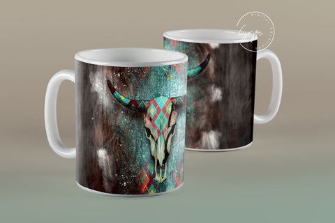 Western Aztec Cow Skull Mug Design, Cow Hide Skull Western Design, Southwest Print Mug Wrap, 11 & 15 Oz Mug Cricut Press Sublimation Wrap Sublimation Syre Digital Creations 