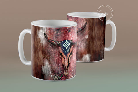 Western Aztec Cow Skull Mug Design, Cow Hide Skull Western Design, Southwest Print Mug Wrap, 11 & 15 Oz Mug Cricut Press Sublimation Wrap Sublimation Syre Digital Creations 