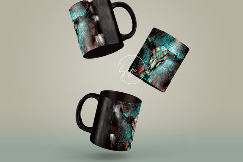Western Aztec Cow Skull Mug Design, Cow Hide Skull Western Design, Southwest Print Mug Wrap, 11 & 15 Oz Mug Cricut Press Sublimation Wrap Sublimation Syre Digital Creations 