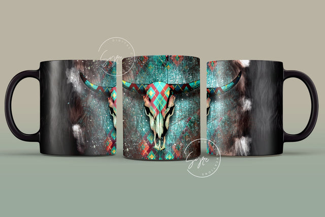Western Aztec Cow Skull Mug Design, Cow Hide Skull Western Design, Southwest Print Mug Wrap, 11 & 15 Oz Mug Cricut Press Sublimation Wrap Sublimation Syre Digital Creations 