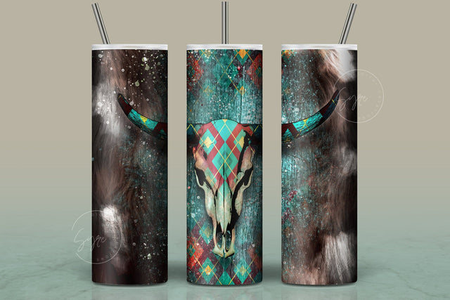 Western Aztec Cow Skull Png, Cow Hide Skull Western Tumbler Wrap, Southwest Print Sublimation Design, 20 oz Skinny Tumbler, Digital Download Sublimation Syre Digital Creations 