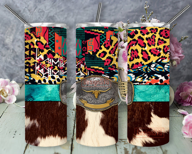 Western Aztec Cowhide 20oz Skinny Tumbler, Western Belt Buckles Turquoise Tumbler Png, Western Country Design Png, Aztec Leopard Tumbler Wrap, Western Sublimation Design, Digital Download Sublimation DesignSVG 