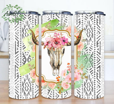 Western Bull Skull 20oz Skinny Tumbler, Boho Bull Skull Floral Tumbler, Aztec Tumbler Wrap, Boho Sublimation Tumbler for Straight, Instant Download Sublimation AdriOP 