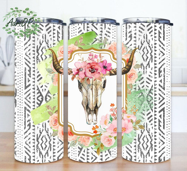 Western Bull Skull 20oz Skinny Tumbler, Boho Bull Skull Floral Tumbler, Aztec Tumbler Wrap, Boho Sublimation Tumbler for Straight, Instant Download Sublimation AdriOP 