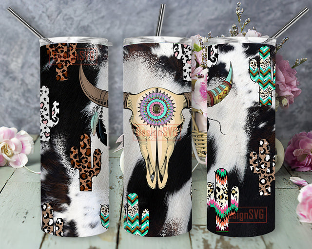 Western Bull Skull Cowhide 20oz Skinny Tumbler, Aztec Leopard Cactus Tumbler Png, Aztec Bull Skull Design Tumbler, Western Sublimation Design, Digital Download Sublimation DesignSVG 