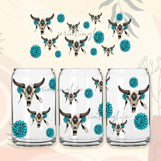 Western Bull Skull Libbey can glass 16 oz png, Westerncoffee png, Western can glass wrap Sublimation PrintingLife 