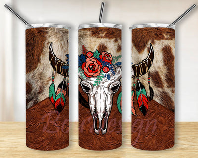 Western Bull Skull Serape and Cowhide 20oz Skinny Tumbler Design, Bull Skull Png, Leopard Tumbler Png Sublimation BouDesign 