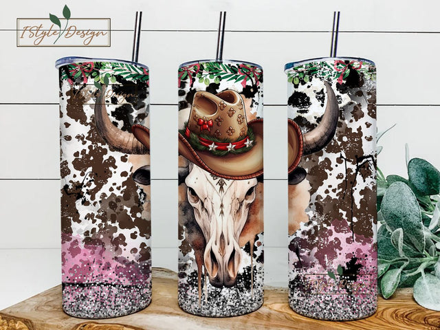 Western Christmas Tumbler Wrap 20oz Skinny Sublimation Tumbler Digital Download Bull Cow Skull Tumbler Designs Christmas Western Tumbler Png Sublimation iStyleDesign 