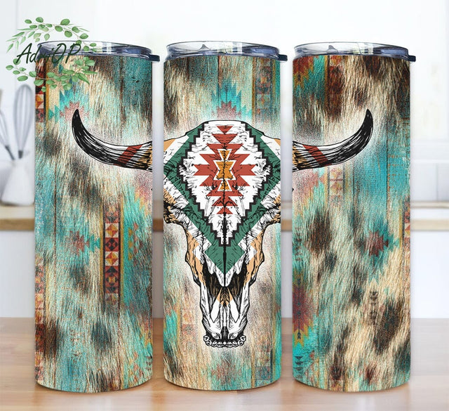 Western Cow Skull 20oz Skinny Tumbler Png, Cow Skull Tumbler Png, Aztec Skull Tumbler, Boho Skull, Boho Tumbler, Skull Mandala, Western Aztec Cow Skull Sublimation AdriOP 