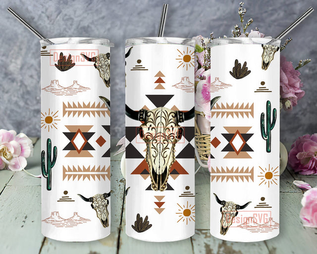 Western Cow Skull 20oz Tumbler Png, Boho Aztec Tumbler Wrap, Desert Cactus Tumbler Design, Rustic Cow Skull Sublimation Design, Instant Download Sublimation DesignSVG 
