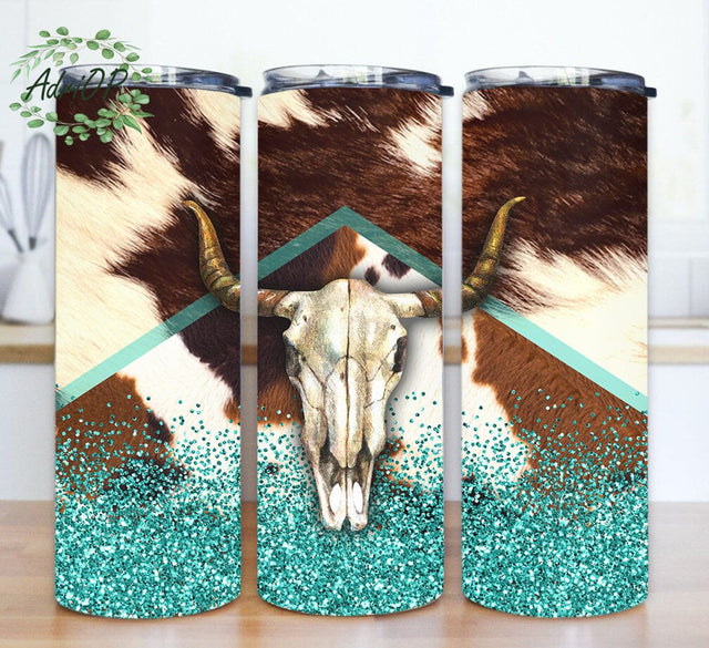 Western Cowhide Tumbler Wrap, Cow Skull 20oz Tumbler Template, Western Country Tumbler Png, Turquoise Glitter Design Png, Digital Download Sublimation AdriOP 