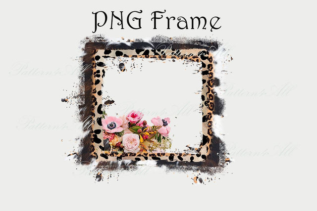 Western Floral FramePNG,Leopard, flowers and cowhide Background,Wedding floral frame,Vintage, Watercolor Flowers Rustic Cowhide Frame Png Sublimation ArtStudio 