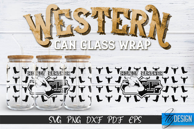 Western Glass Can Wrap SVG | 16 oz Libbey Glass Can Wrap SVG | Cowboy Glass Can | Wrap Template | 16 oz glass can wrap | Beer Can Glass Wrap SVG Fly Design 