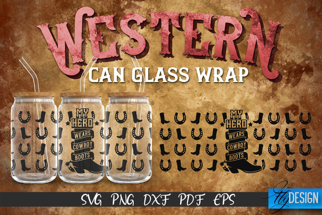 Western Glass Can Wrap SVG | 16 oz Libbey Glass Can Wrap SVG | Cowboy Glass Can | Wrap Template | 16 oz glass can wrap | Beer Can Glass Wrap SVG Fly Design 