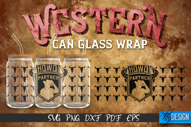 Western Glass Can Wrap SVG | 16 oz Libbey Glass Can Wrap SVG | Cowboy Glass Can | Wrap Template | 16 oz glass can wrap | Beer Can Glass Wrap SVG Fly Design 