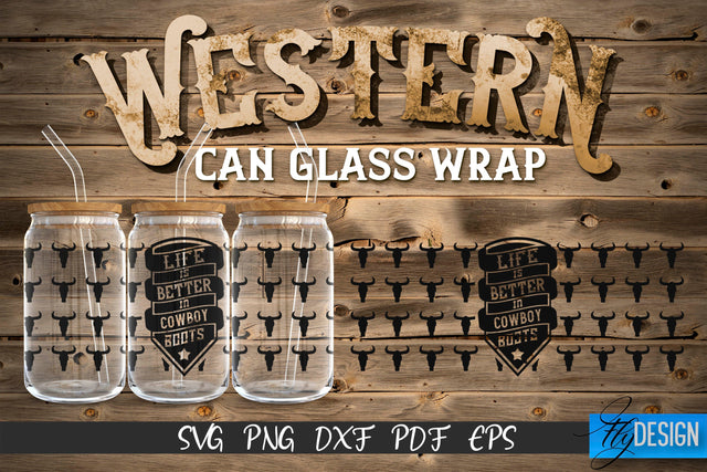 Western Glass Can Wrap SVG | 16 oz Libbey Glass Can Wrap SVG | Cowboy Glass Can | Wrap Template | 16 oz glass can wrap | Beer Can Glass Wrap SVG Fly Design 