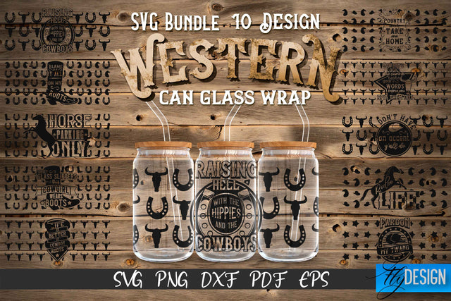 Western Glass Can Wrap SVG Bundle | 16 oz Libbey Glass Can Wrap SVG | Cowboy Glass Can | Wrap Template | 16 oz glass can wrap | Beer Can Glass Wrap SVG Fly Design 