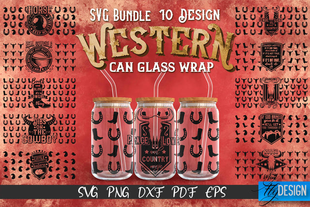 Western Glass Can Wrap SVG Bundle | 16 oz Libbey Glass Can Wrap SVG | Cowboy Glass Can | Wrap Template | 16 oz glass can wrap | Beer Can Glass Wrap SVG Fly Design 