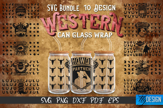 Western Glass Can Wrap SVG Bundle | 16 oz Libbey Glass Can Wrap SVG | Cowboy Glass Can | Wrap Template | 16 oz glass can wrap | Beer Can Glass Wrap SVG Fly Design 