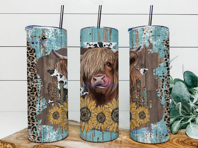 Western Highland Cow 20oz Tumbler Template, Western Tumbler Png, Teal Wood Leopard Tumbler Wrap, Cow Sunflower Sublimation Design for Straight, Digital Download Sublimation iStyleDesign 