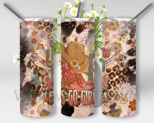 Western Lets Go Girls 20oz Skinny Tumbler Png, Cowhide Tumbler, Retro Seamless Tumbler, Country Western Tumbler, Cactus Tumbler Png Sublimation WillowSageDesign 