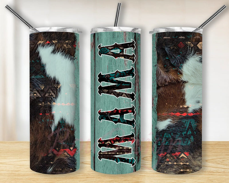 Western Mama 20oz Skinny Tumbler, Aztec Cowhide Tumbler Wrap, Rustic Teal Wood Mama Tumbler Png, Mama Sublimation Design, Digital Download Sublimation BouDesign 