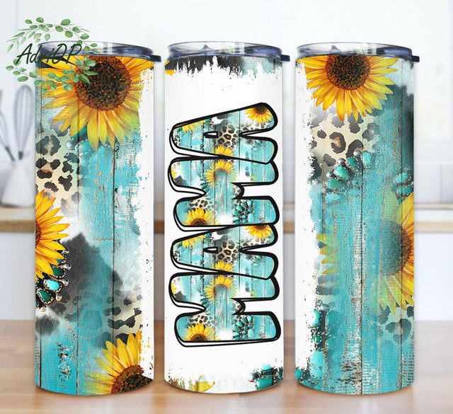 Western Mama 20oz Tumbler Design, Sunflower Cow Print Tumbler Png, Teal Wood Leopard Tumbler Wrap, Mama Tumbler With Lid And Straw, Instant Download Sublimation AdriOP 