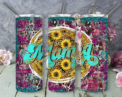 Western Mama Tumbler Template, Mama 20oz Skinny Png, Turquoise Glitter Tumbler Wrap, Sunflower Leopard Design Png, Cowhide Mama Tumbler Design, Digital Download Sublimation DesignSVG 