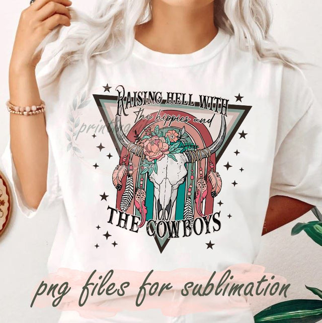 Western Raising Hell with the Hippies and the Cowboys PNG Sublimation PrintingLife 