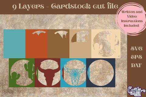 Western Scene Svg Shadow Box, 3D Layered Cow Skull Mandala SVG Crafty Mama Studios 