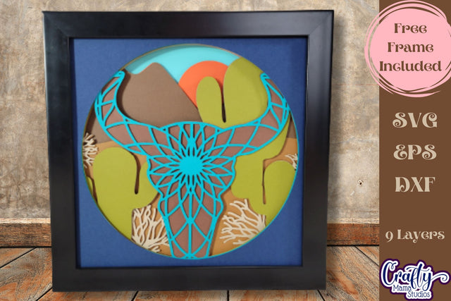 Western Scene Svg Shadow Box, 3D Layered Cow Skull Mandala SVG Crafty Mama Studios 