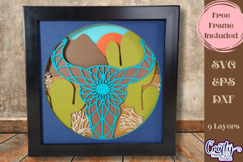 Western Scene Svg Shadow Box, 3D Layered Cow Skull Mandala SVG Crafty Mama Studios 