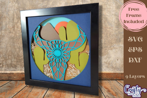Western Scene Svg Shadow Box, 3D Layered Cow Skull Mandala SVG Crafty Mama Studios 