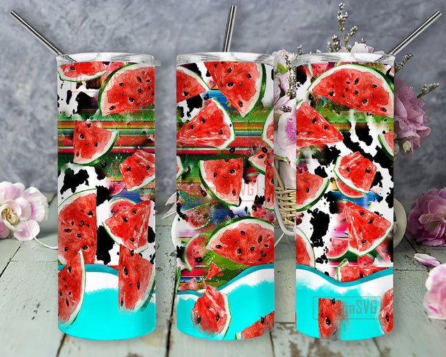 Western Summer 20oz Tumbler Wrap, Aztec Watermelon Cowhide Full Tumbler Wrap, Summer Watermelon Design Png, Watercolor Watermelon Tumbler Png, Summer Sublimation Design, Digital Download Sublimation DesignSVG 