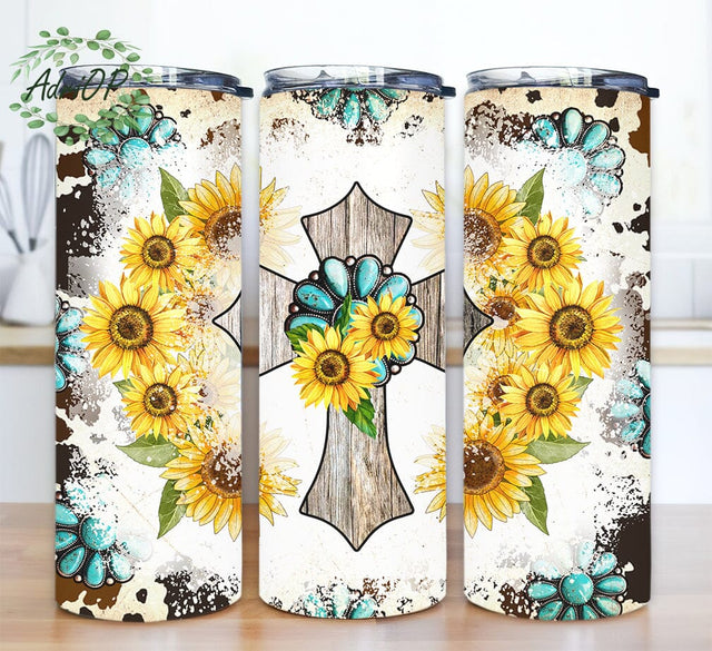Western Sunflower 20oz Skinny Tumbler Png, Cow Print Tumbler Wrap, Cross Sunflower Tumbler, Cross Leopard Sunflower Tumbler Png, Cross Leopard Floral Sublimation AdriOP 