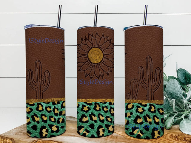 Western Sunflower Cactus Tumbler Png, Western 20oz Skinny Tumbler, Tooled Leather Tumbler Wrap, Green Leopard Tumbler Design, Instant Download Sublimation iStyleDesign 