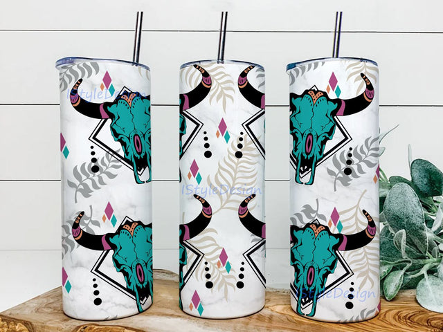 Western Tumbler Design Cowgirl Bull Cow Skull Seamless Country Sublimation Designs Downloads Skinny 20oz Sublimation iStyleDesign 