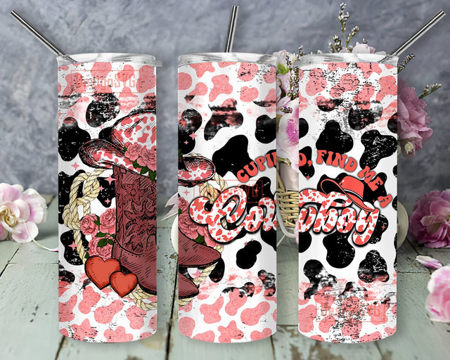 Western Valentine 20oz Skinny Tumbler, Cowgirl Valentines Design Png, Cupid Find Me A Cowboy Tumbler Design, Cowgirl Hat And Boot Tumbler Png, Valentines Day Gift, Digital Download Sublimation DesignSVG 