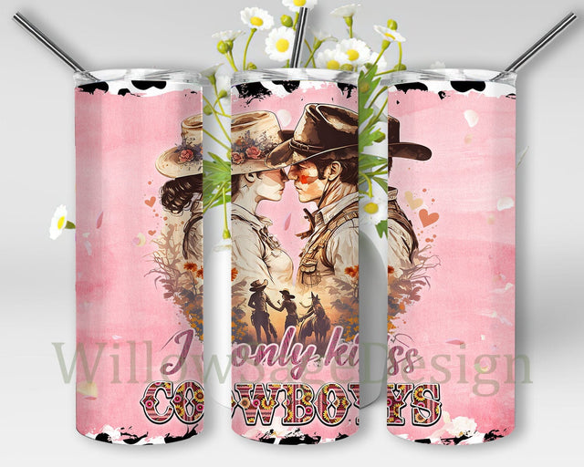 Western Valentine 20oz Skinny Tumbler, I Only Kiss Cowboys Tumbler Design, Valentine Cowboys Tumbler Png, Valentine's Day Gift, Digital Download Sublimation WillowSageDesign 