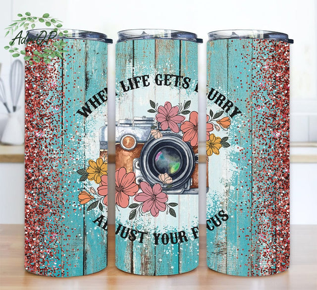 When Life Gets Blurry 20oz Skinny Tumbler Png, Floral, Photographer Tumbler, Glitter Floral Photographer Tumbler, Watercolor Camera, Boho Camera Png Sublimation AdriOP 