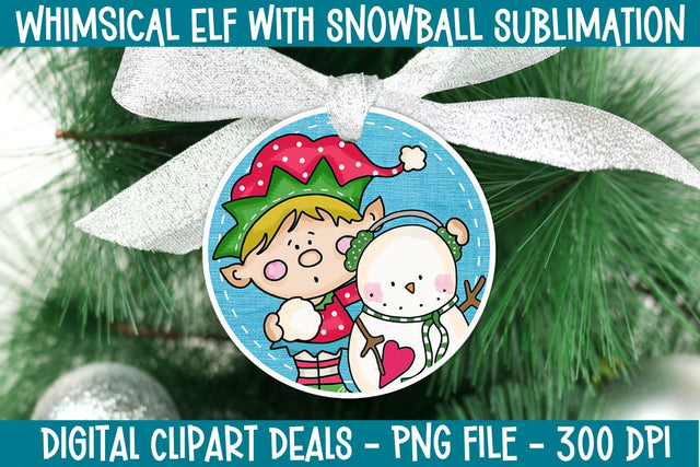 Whimsical Elf with Snowball Sublimation Design | Christmas Round PNG Design for Ornament Sublimation Digital Clipart Deals 