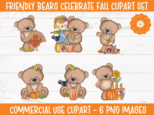 Whimsical Fall Bears Clipart Set - Pumpkin, Scarecrow, Turkey - Digital Download Sublimation Digital Clipart Deals 