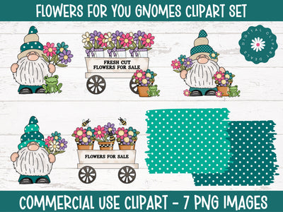 Whimsical Flowers for You Gnomes Clipart Set - 5 Colorful Images, 2 Sublimation Backsplashes Sublimation Digital Clipart Deals 