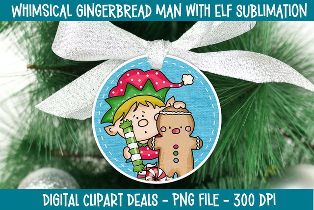 Whimsical Gingerbread Man with Elf PNG Design for Sublimation | Christmas Ornament PNG Sublimation Digital Clipart Deals 