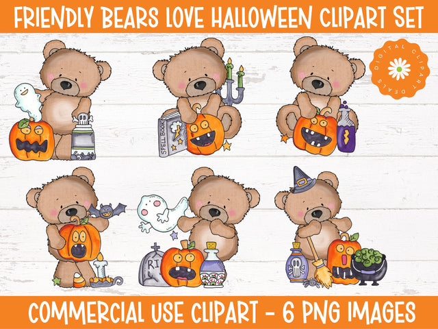 Whimsical Halloween Clipart Set - Spooky Bear DIY Graphics - Friendly Bears Love Halloween Clipart Set Sublimation Digital Clipart Deals 