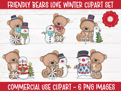 Whimsical Winter Bears Clipart Set - Christmas Snowmen, Trees - Digital Download Sublimation Digital Clipart Deals 