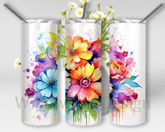 White Background Bright Rainbow Colored Flowers 20oz Skinny Tumbler Png, Rainbow Colorful Flowers Tumbler, Rainbow Flowers Wrap Png Sublimation WillowSageDesign 