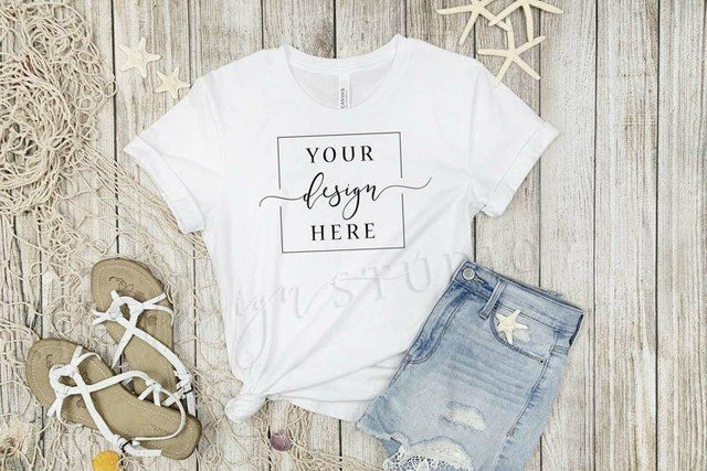 White Beach Shirt Mockup | White Bella Canvas 3001 Summer 2 Mock Up Photo Sly Design Studio 