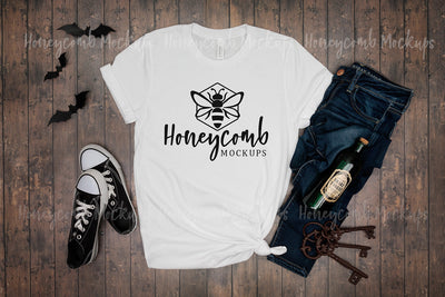 White Bella Canvas 3001 Mockup, Halloween Mockup, Women's White T-Shirt Mockup Mock Up Photo Honeycomb Mockups 